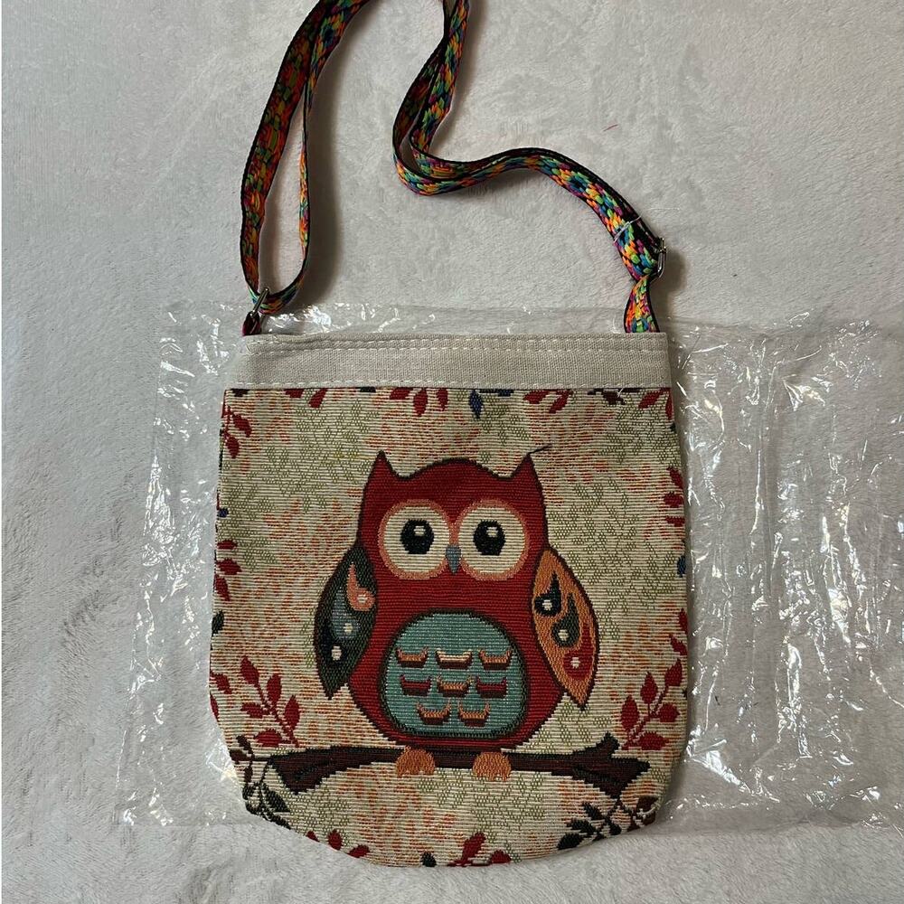 Knitted Canvas Cross Body Bag Tote Purse Vintage Embroidery Boho Style Bag Owl